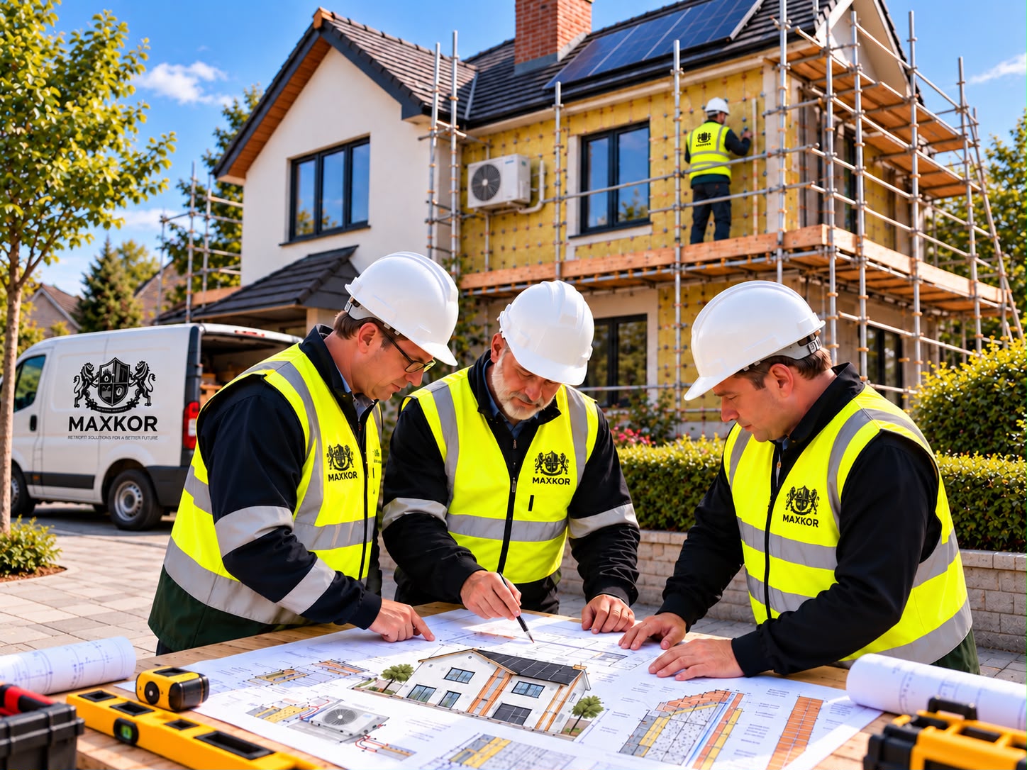 MAXKOR team in high-visibility vests reviewing retrofit plans outside a home under renovation
