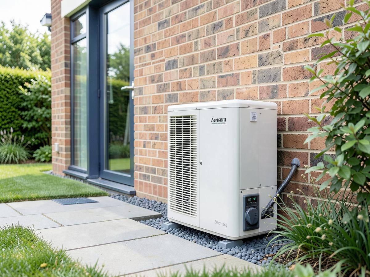 Air source heat pump installed at the side of a modern UK home