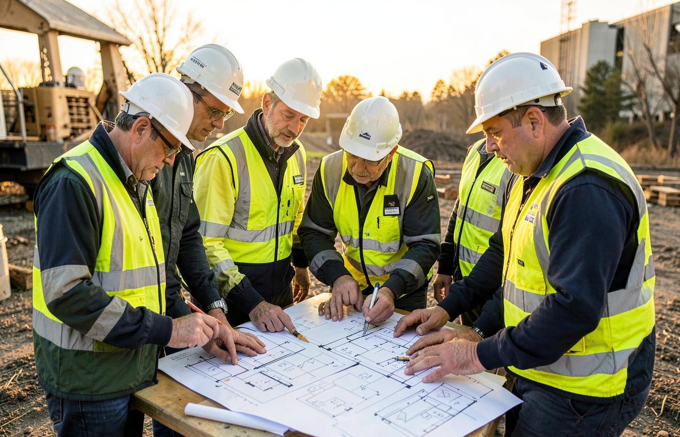 Retrofit installers and assessors reviewing plans on site